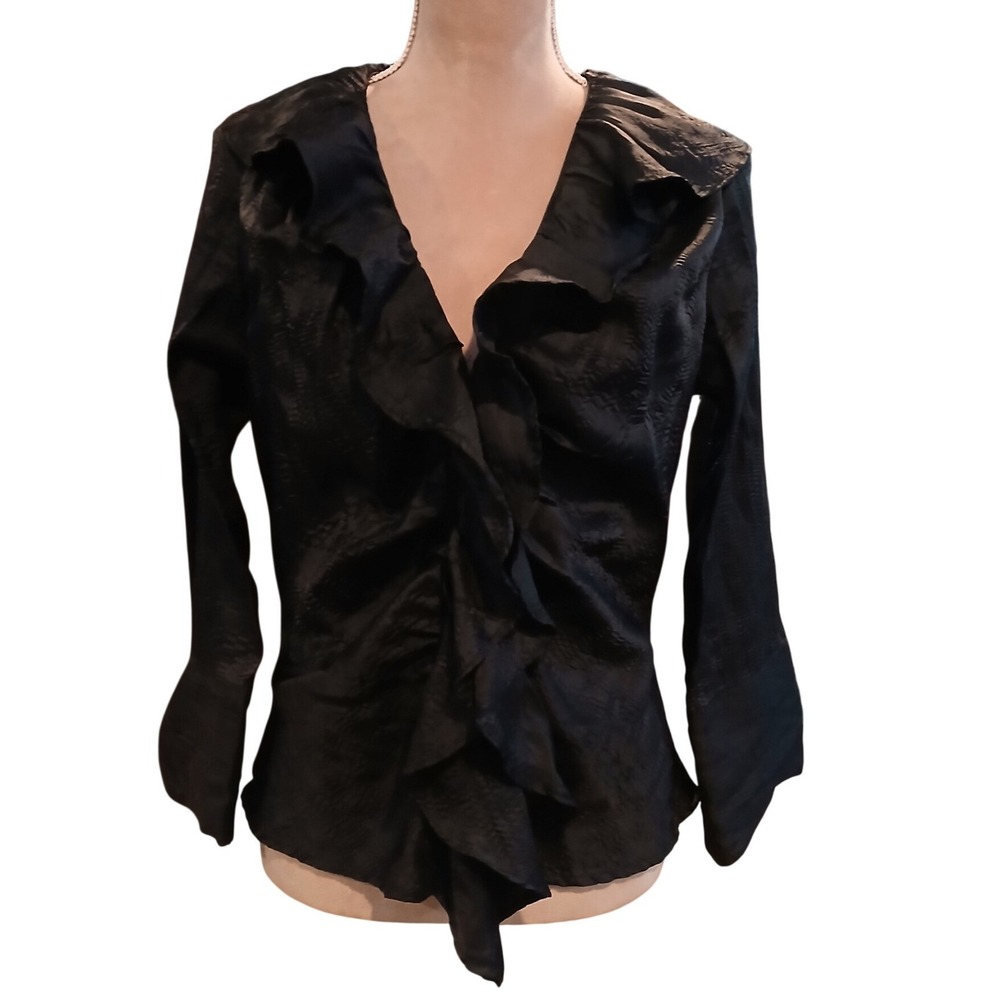 Farinaz Taghavi Sz 12 Black Ruffle V-Neck Textured Jacquard Blouse   Dark Fairy